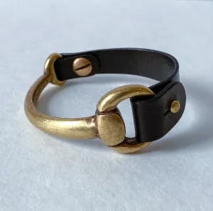 Small Antique Brass Snaffle Bit Bracelet with Black Leather Cuff