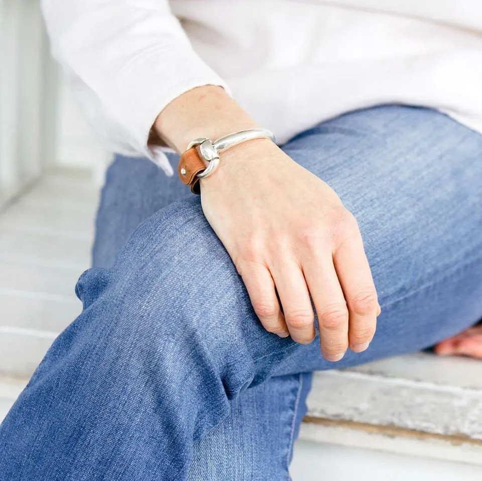 Small Silver Snaffle Bit Bracelet with Cognac Brown Leather Cuff