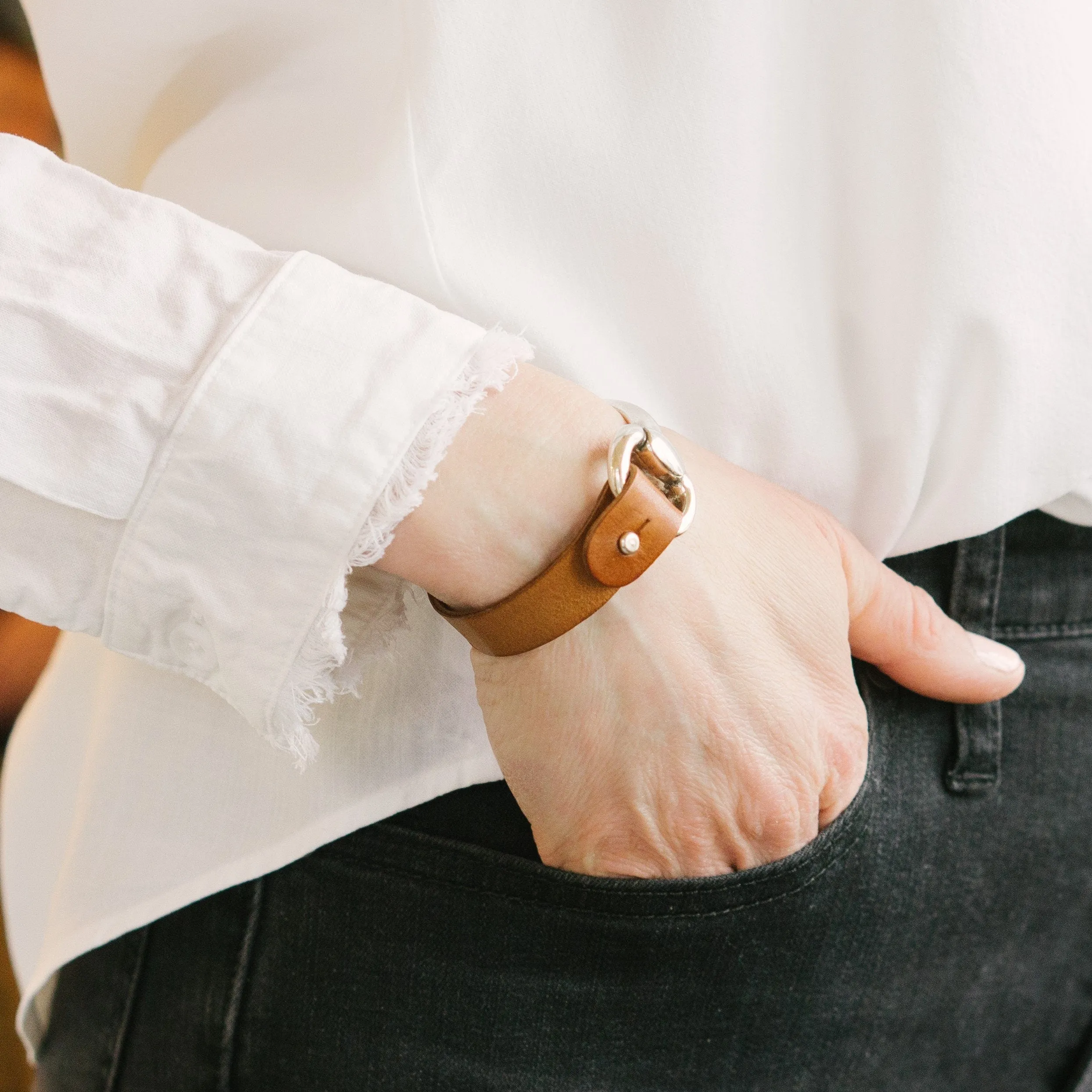 Small Silver Snaffle Bit Bracelet with Cognac Brown Leather Cuff