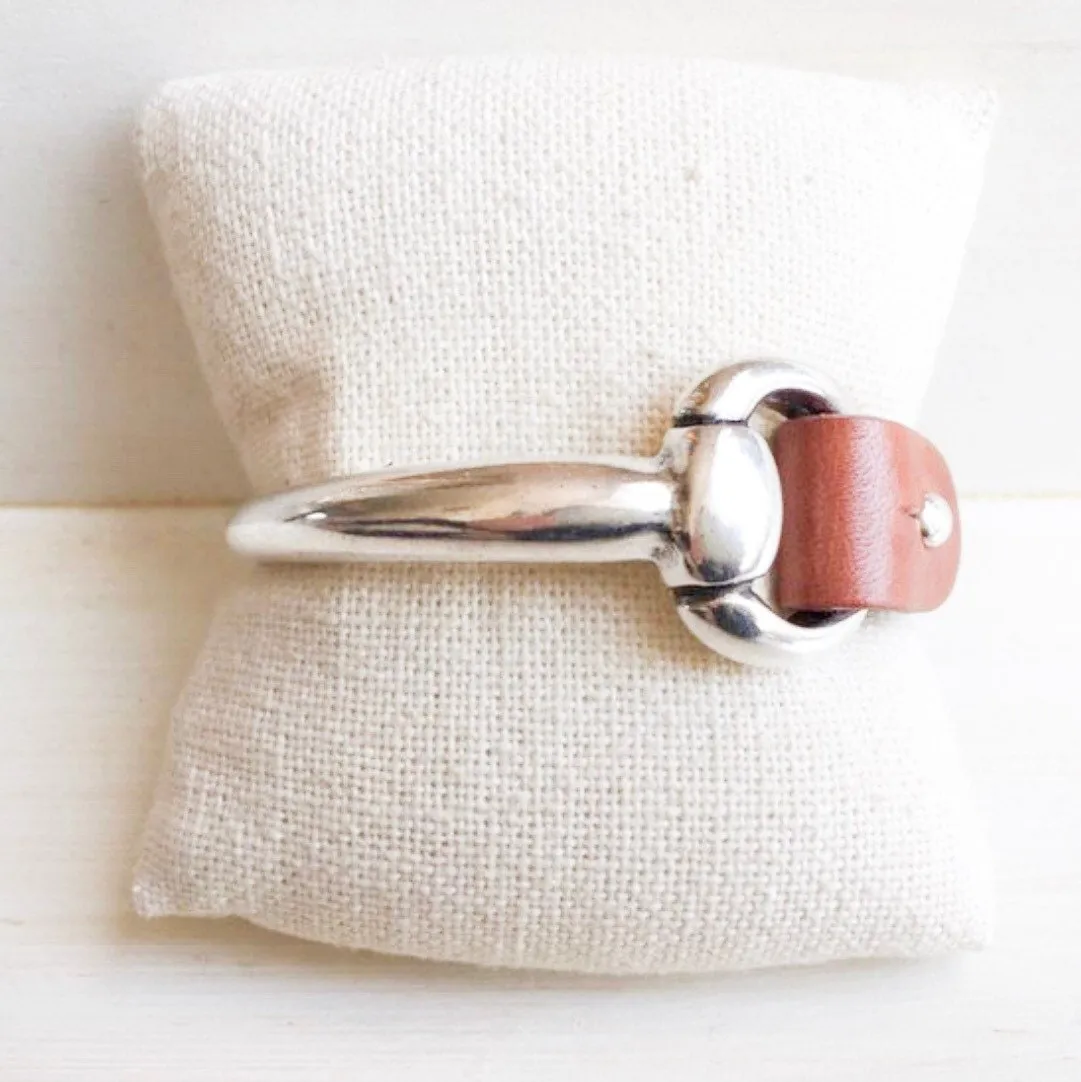 Small Silver Snaffle Bit Bracelet with Cognac Brown Leather Cuff
