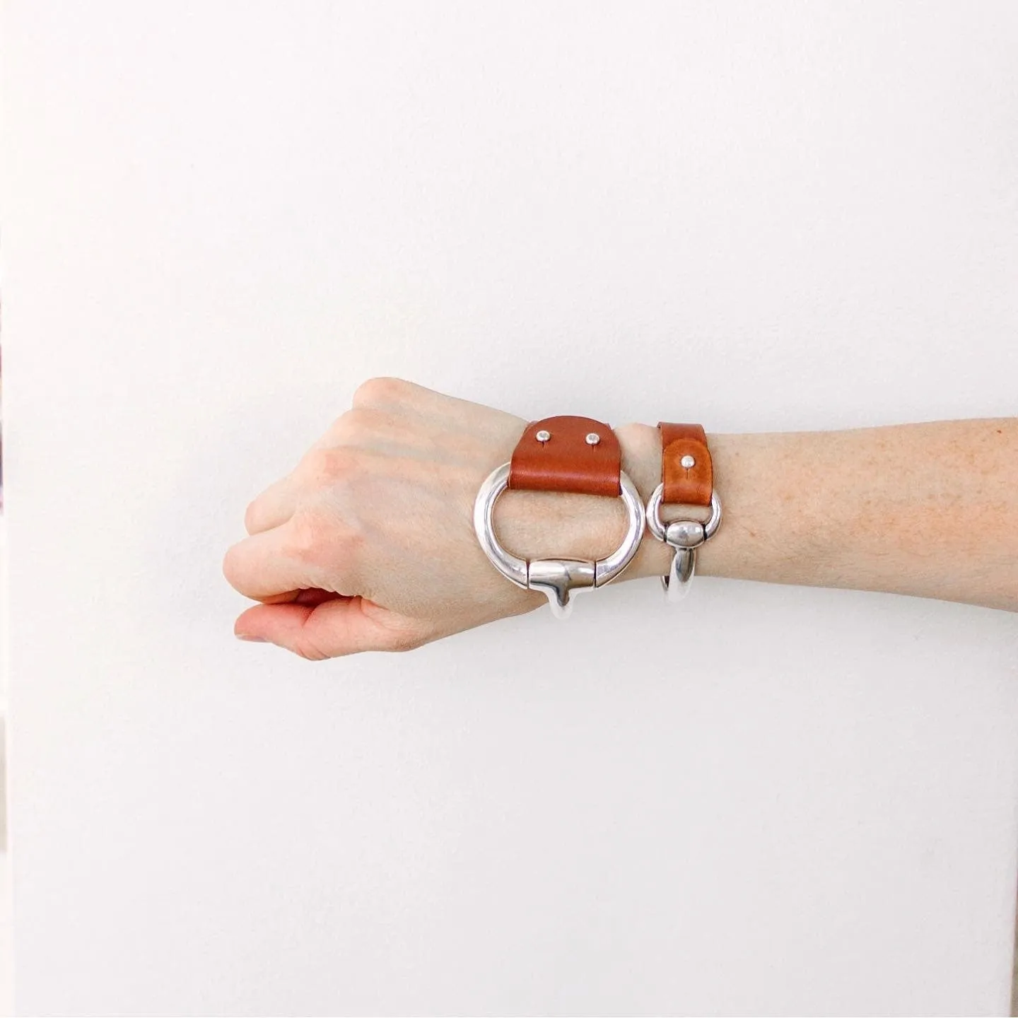 Small Silver Snaffle Bit Bracelet with Cognac Brown Leather Cuff