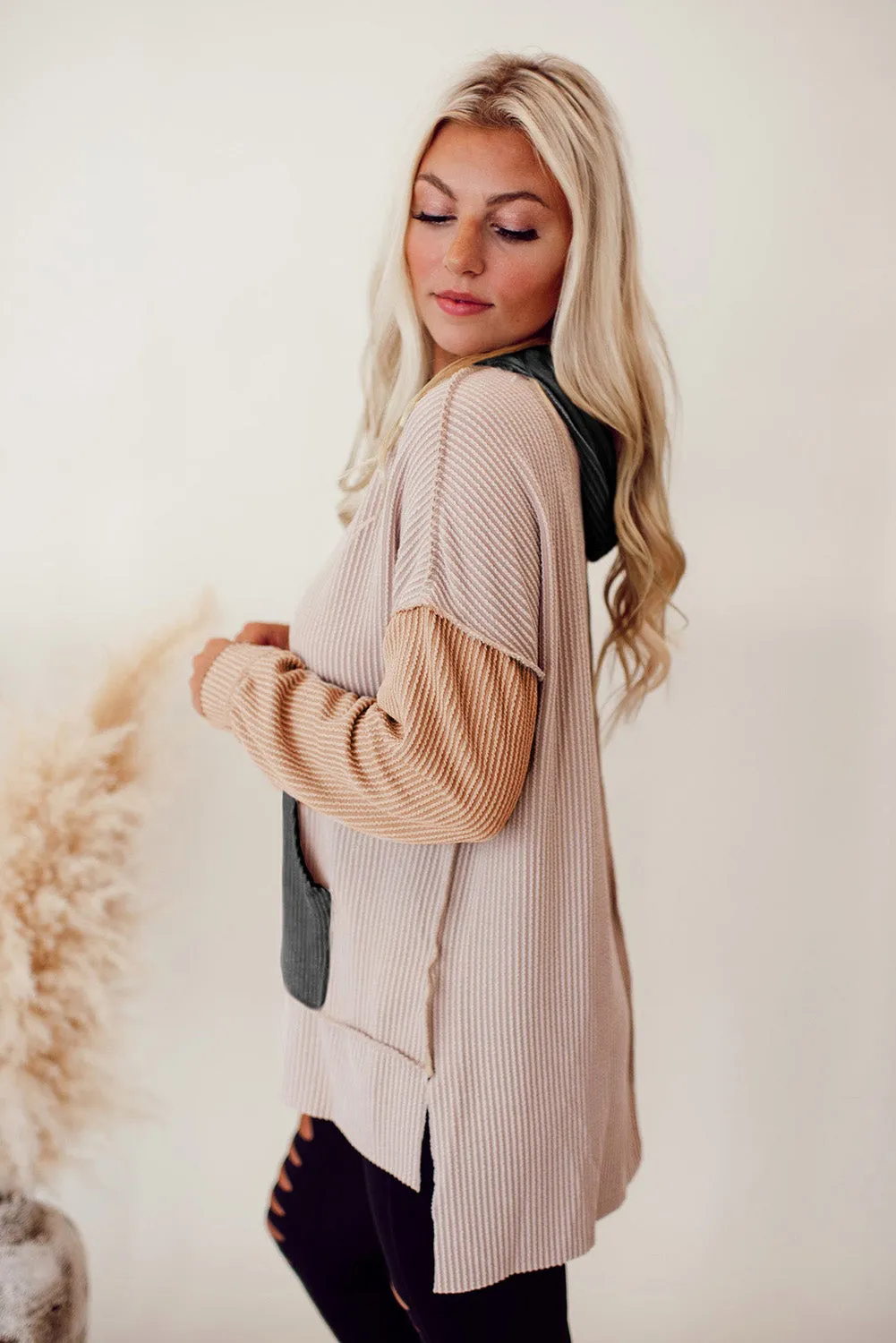 Smoke Gray Color Block Kangaroo Pocket High Low Hoodie