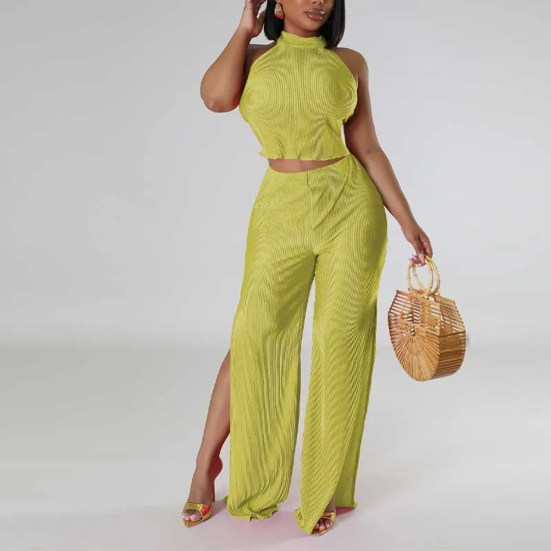 Solid Halter Backless Top & High Slit Pants Set