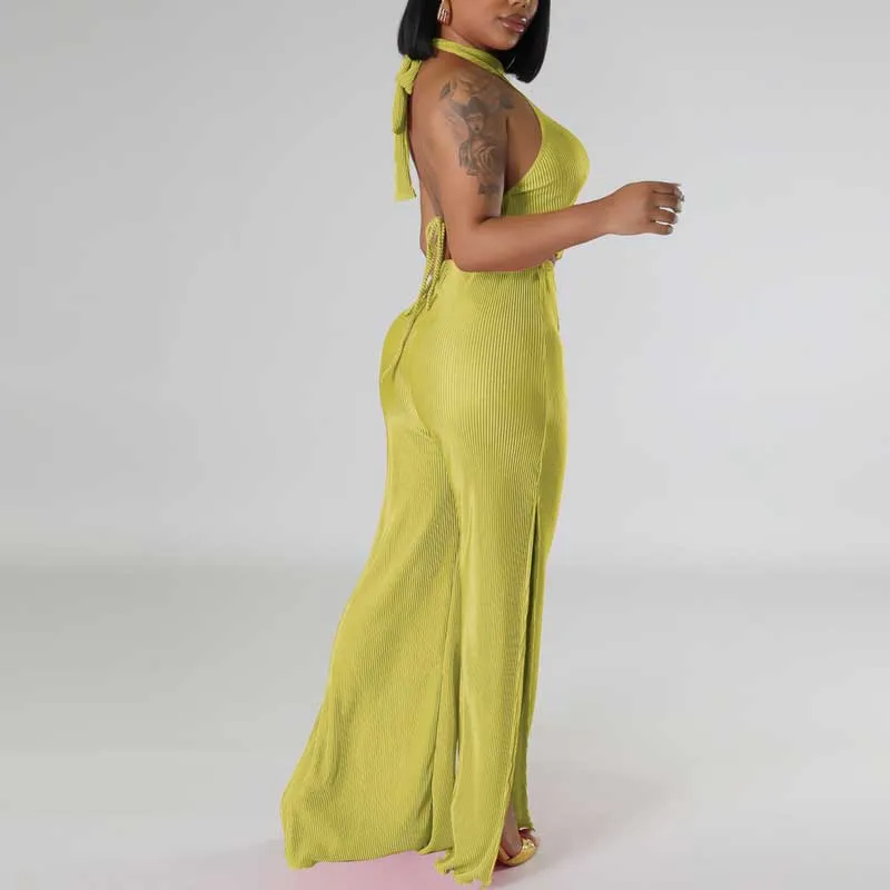 Solid Halter Backless Top & High Slit Pants Set