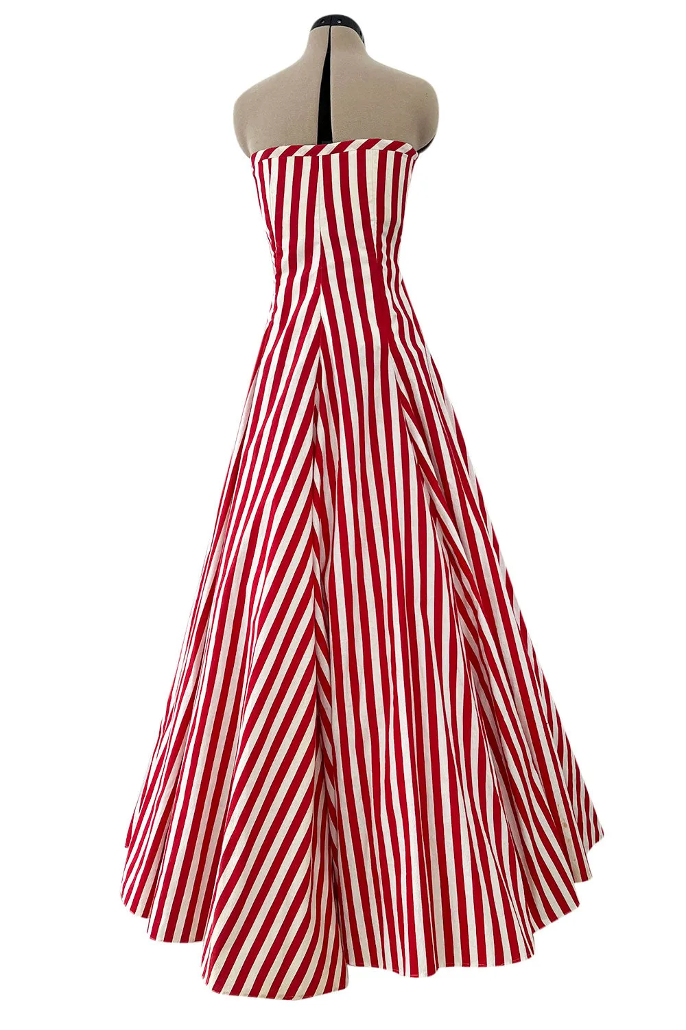 Spectacular 1930s Unlabeled Red & White Striped Cotton Strapless Sweetheart Dress