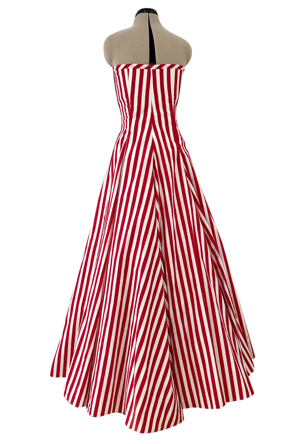 Spectacular 1930s Unlabeled Red & White Striped Cotton Strapless Sweetheart Dress