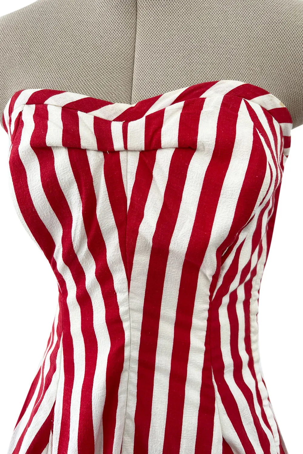 Spectacular 1930s Unlabeled Red & White Striped Cotton Strapless Sweetheart Dress