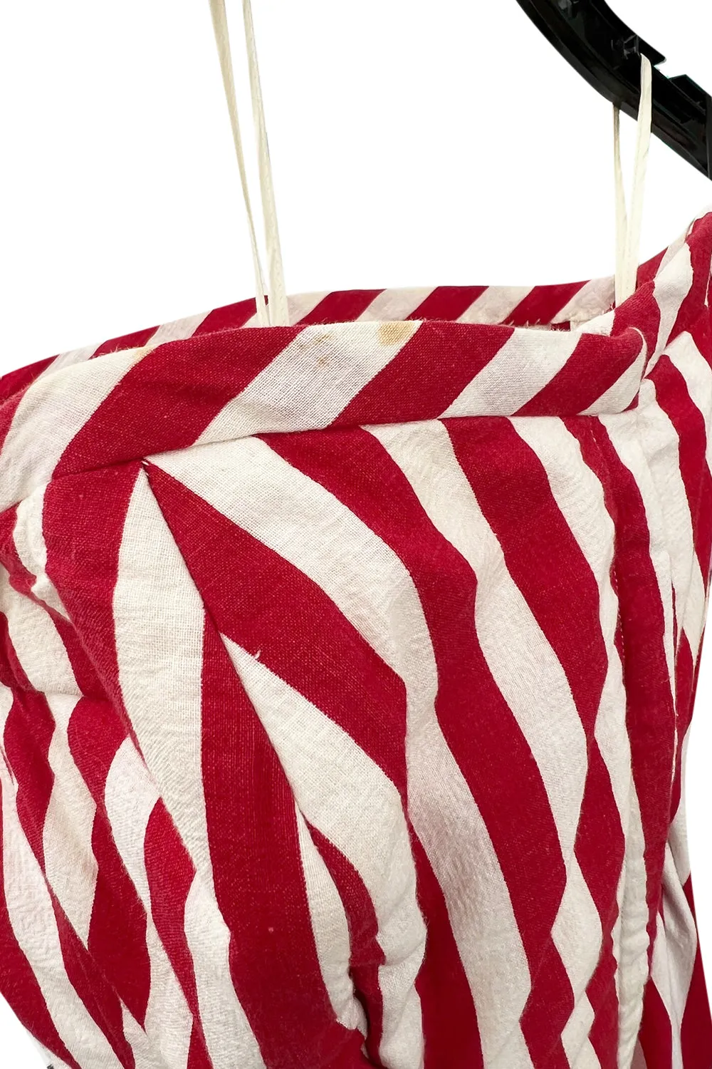 Spectacular 1930s Unlabeled Red & White Striped Cotton Strapless Sweetheart Dress