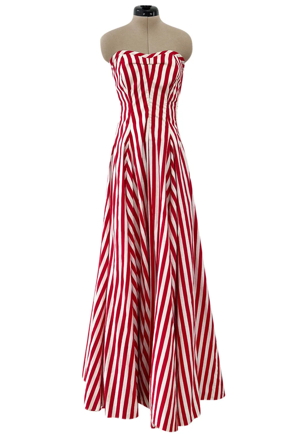 Spectacular 1930s Unlabeled Red & White Striped Cotton Strapless Sweetheart Dress