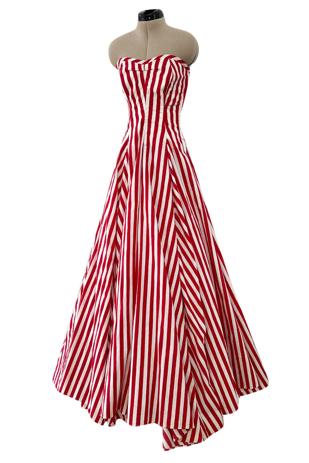 Spectacular 1930s Unlabeled Red & White Striped Cotton Strapless Sweetheart Dress