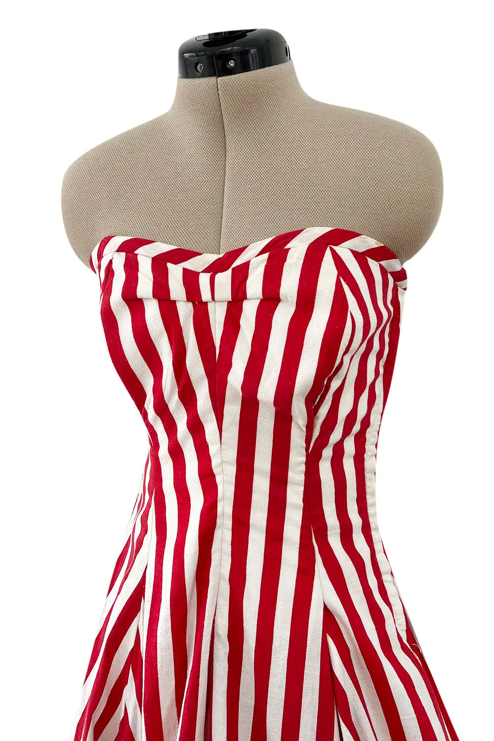 Spectacular 1930s Unlabeled Red & White Striped Cotton Strapless Sweetheart Dress