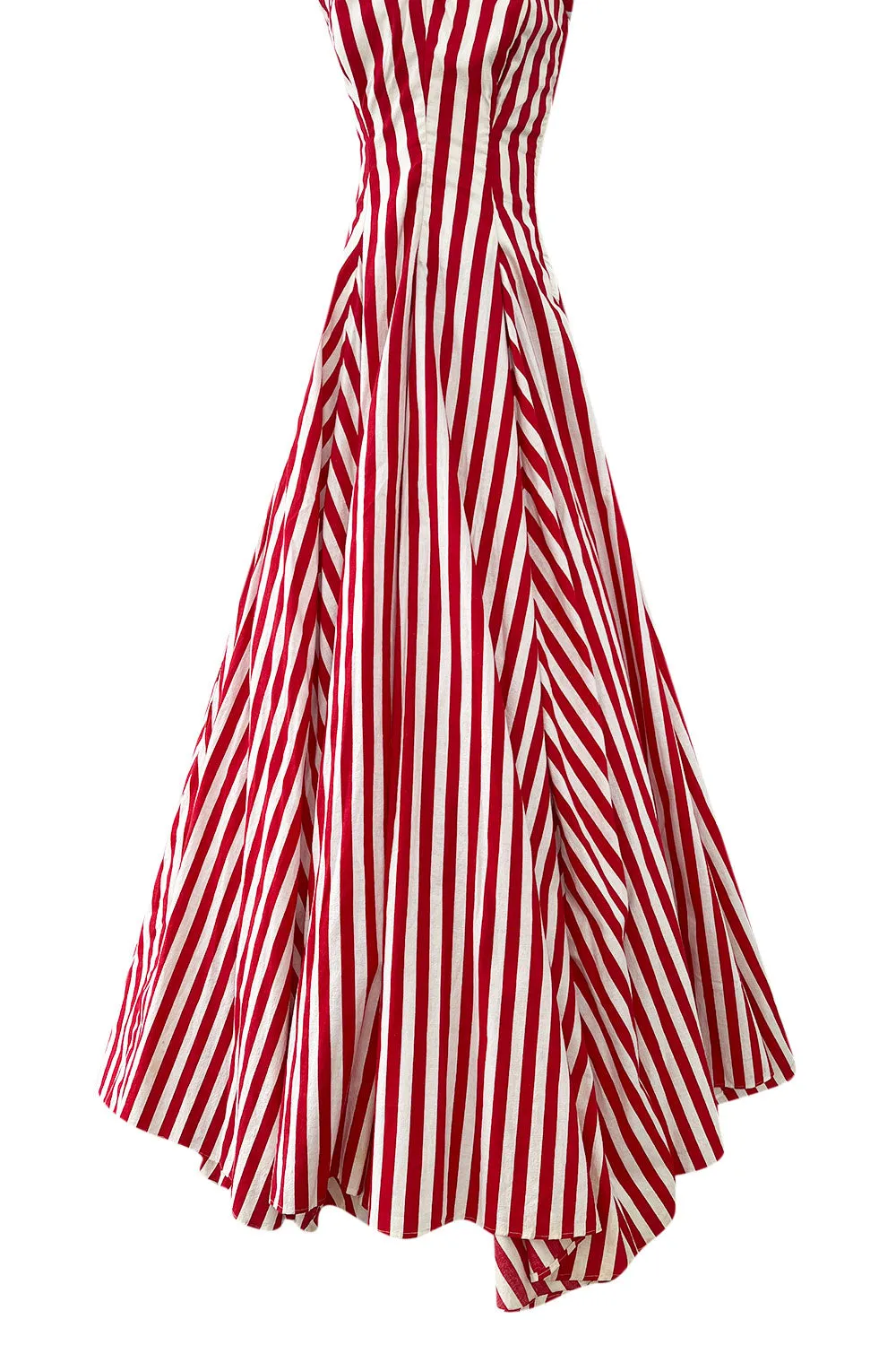 Spectacular 1930s Unlabeled Red & White Striped Cotton Strapless Sweetheart Dress