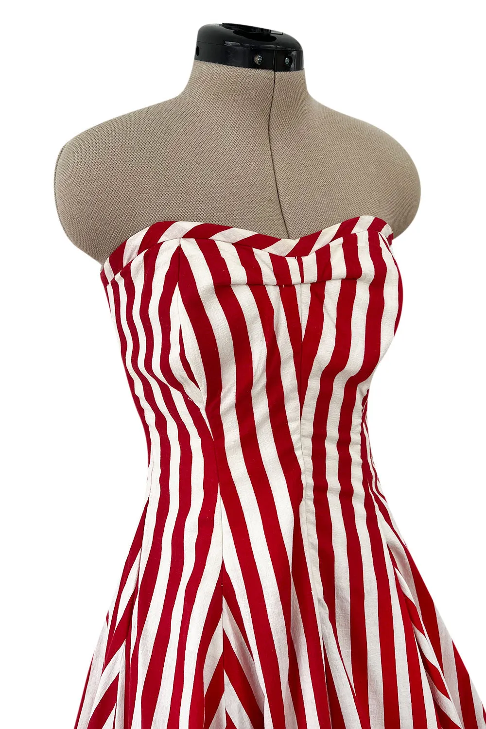Spectacular 1930s Unlabeled Red & White Striped Cotton Strapless Sweetheart Dress