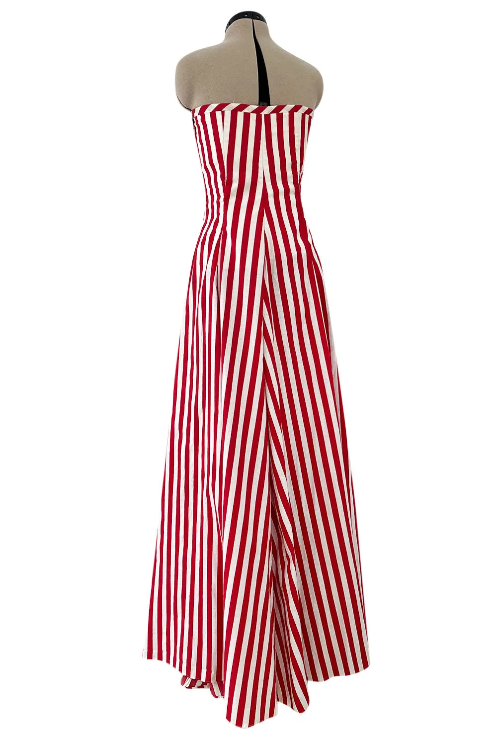 Spectacular 1930s Unlabeled Red & White Striped Cotton Strapless Sweetheart Dress
