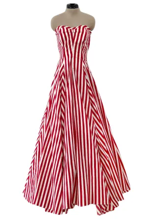 Spectacular 1930s Unlabeled Red & White Striped Cotton Strapless Sweetheart Dress