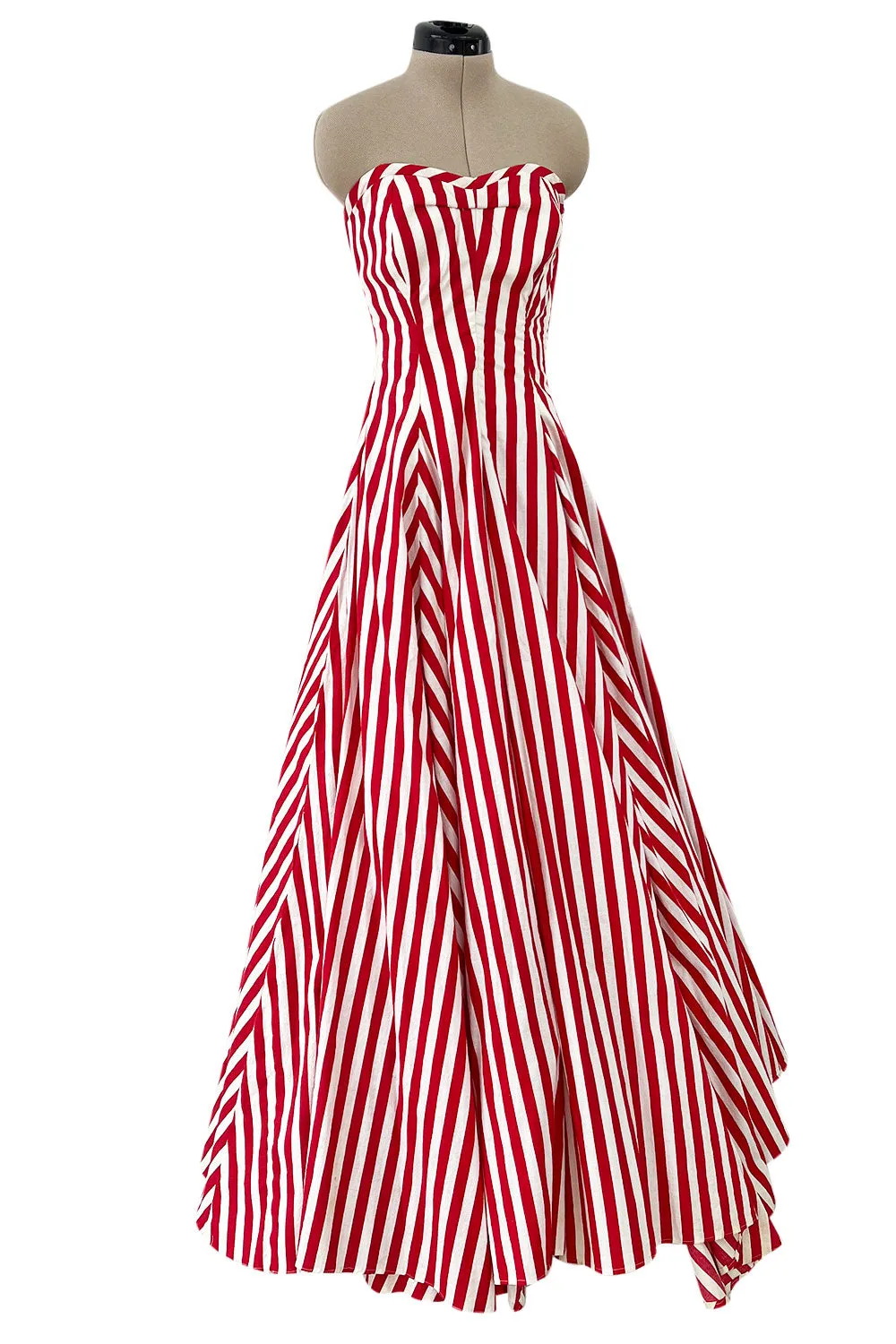 Spectacular 1930s Unlabeled Red & White Striped Cotton Strapless Sweetheart Dress