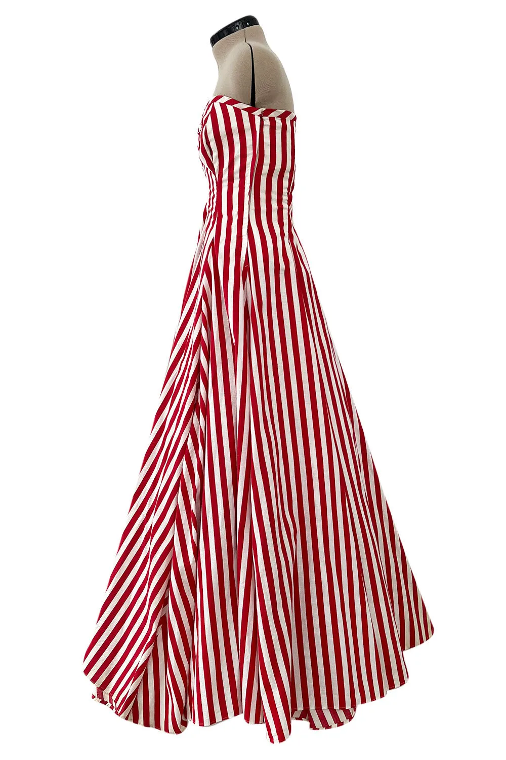 Spectacular 1930s Unlabeled Red & White Striped Cotton Strapless Sweetheart Dress