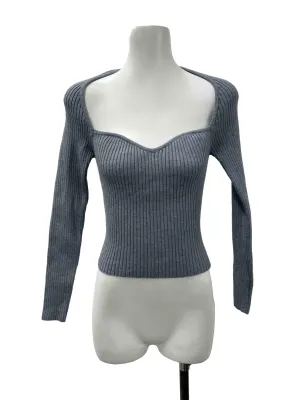 Stone Blue Ribbed Low Neck Top