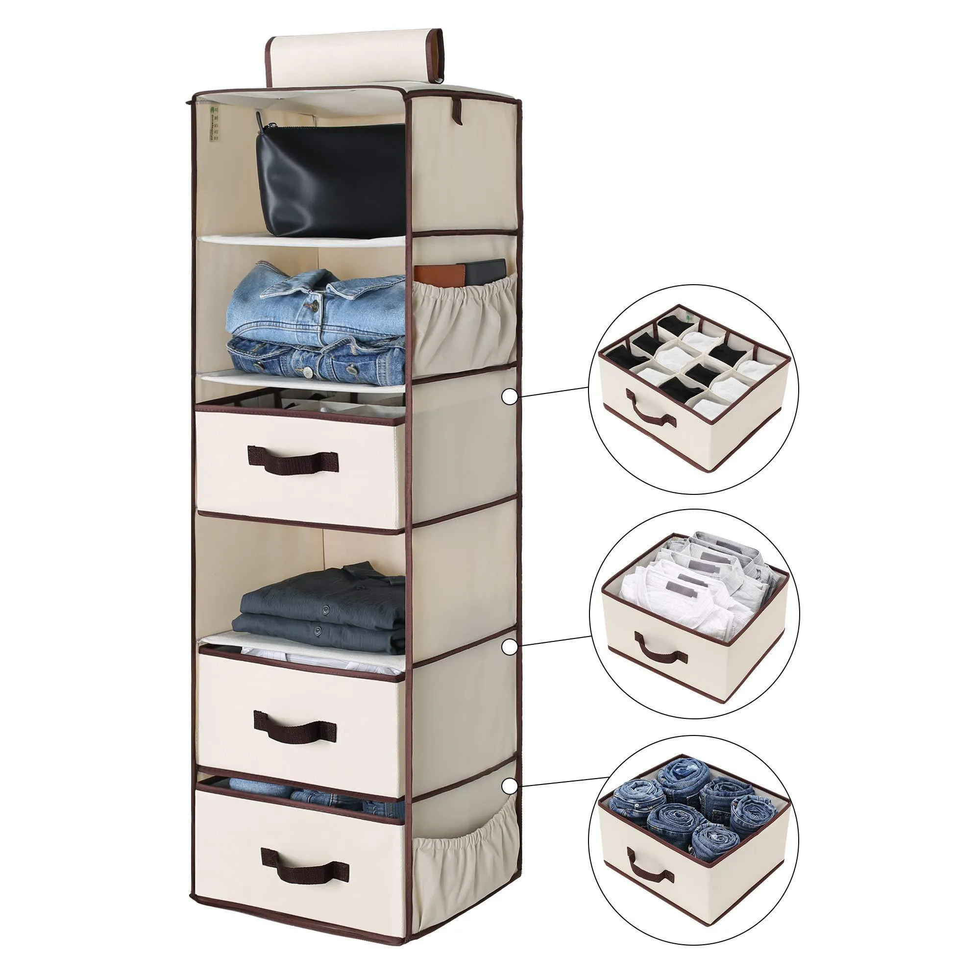 StorageWorks 6-Shelf Hanging Closet Organizer, Foldable Closet Hanging Shelves with 2 Drawers & 1 Underwear/Socks Drawer, 42.5"H x 13.6"W x 12.2"D