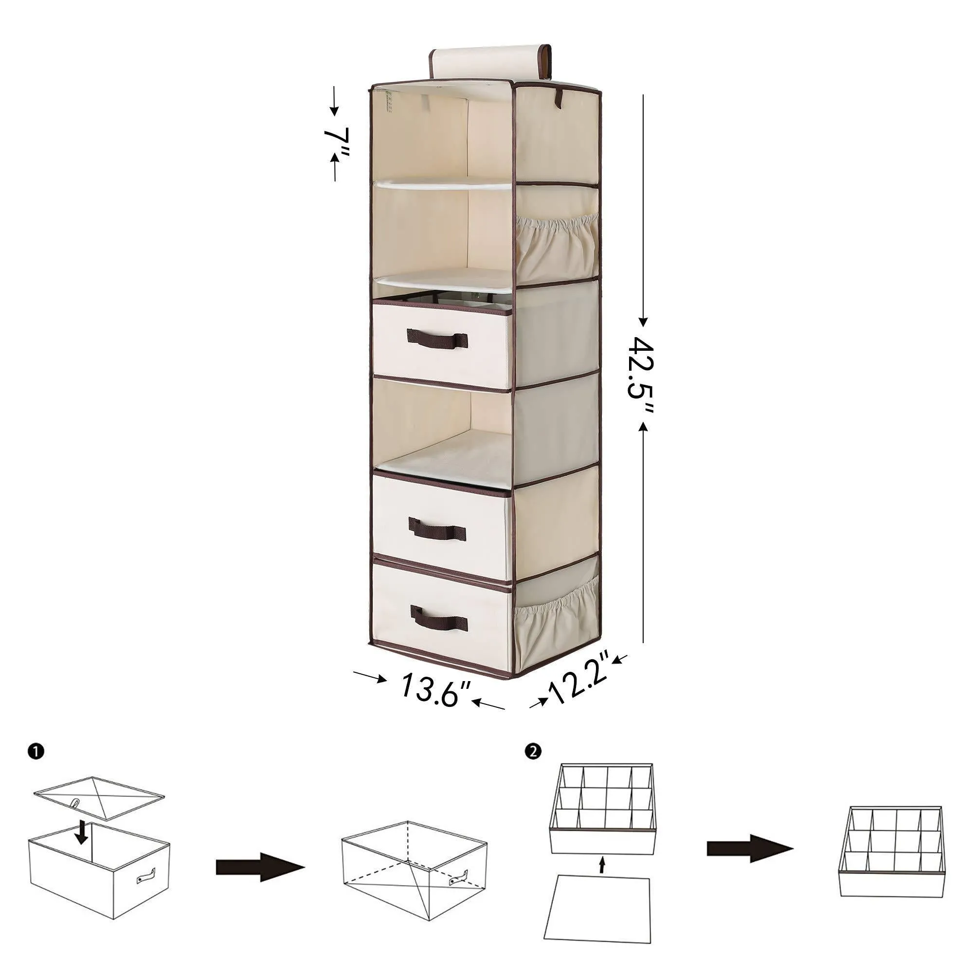 StorageWorks 6-Shelf Hanging Closet Organizer, Foldable Closet Hanging Shelves with 2 Drawers & 1 Underwear/Socks Drawer, 42.5"H x 13.6"W x 12.2"D