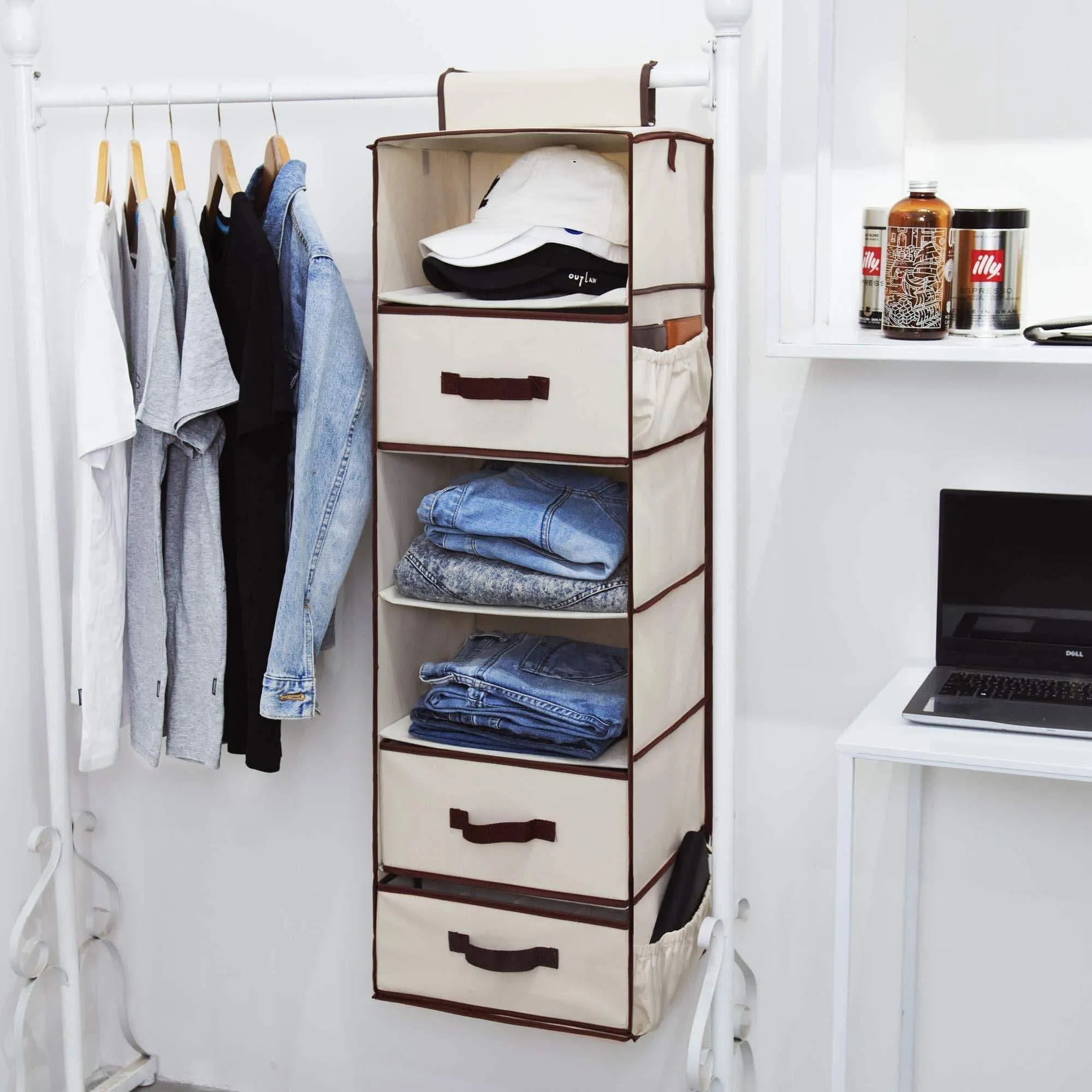 StorageWorks 6-Shelf Hanging Closet Organizer, Foldable Closet Hanging Shelves with 2 Drawers & 1 Underwear/Socks Drawer, 42.5"H x 13.6"W x 12.2"D
