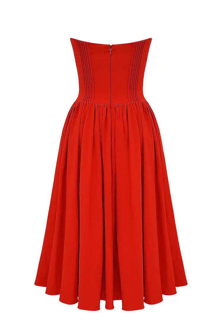 Strapless Corset Pleated Hem Prom Party Midi Dresses-Red