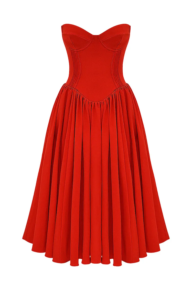 Strapless Corset Pleated Hem Prom Party Midi Dresses-Red