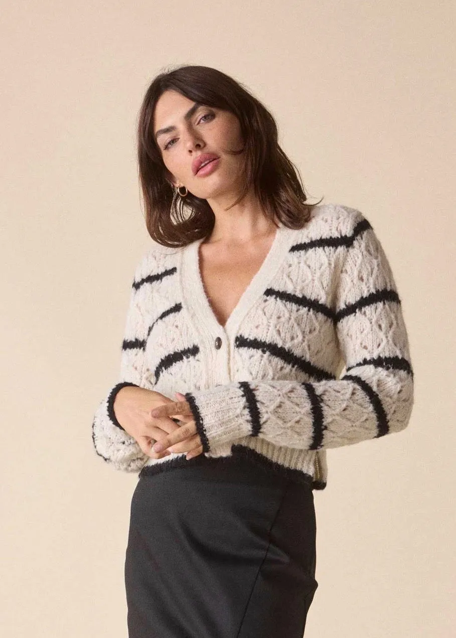 Striped Trellis Cardigan (Ivory with Black Stripes)