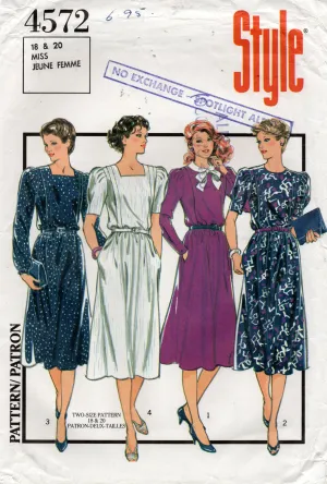 Style 4572 Womens Flanged Bodice Dress with Pockets 1980s Vintage Sewing Pattern Size 18 Bust 40 inches