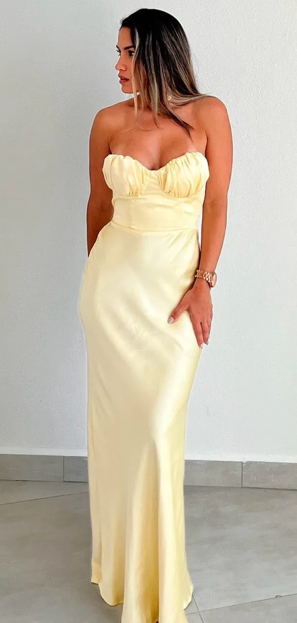 Such a Delight Lemon Satin Long Dress
