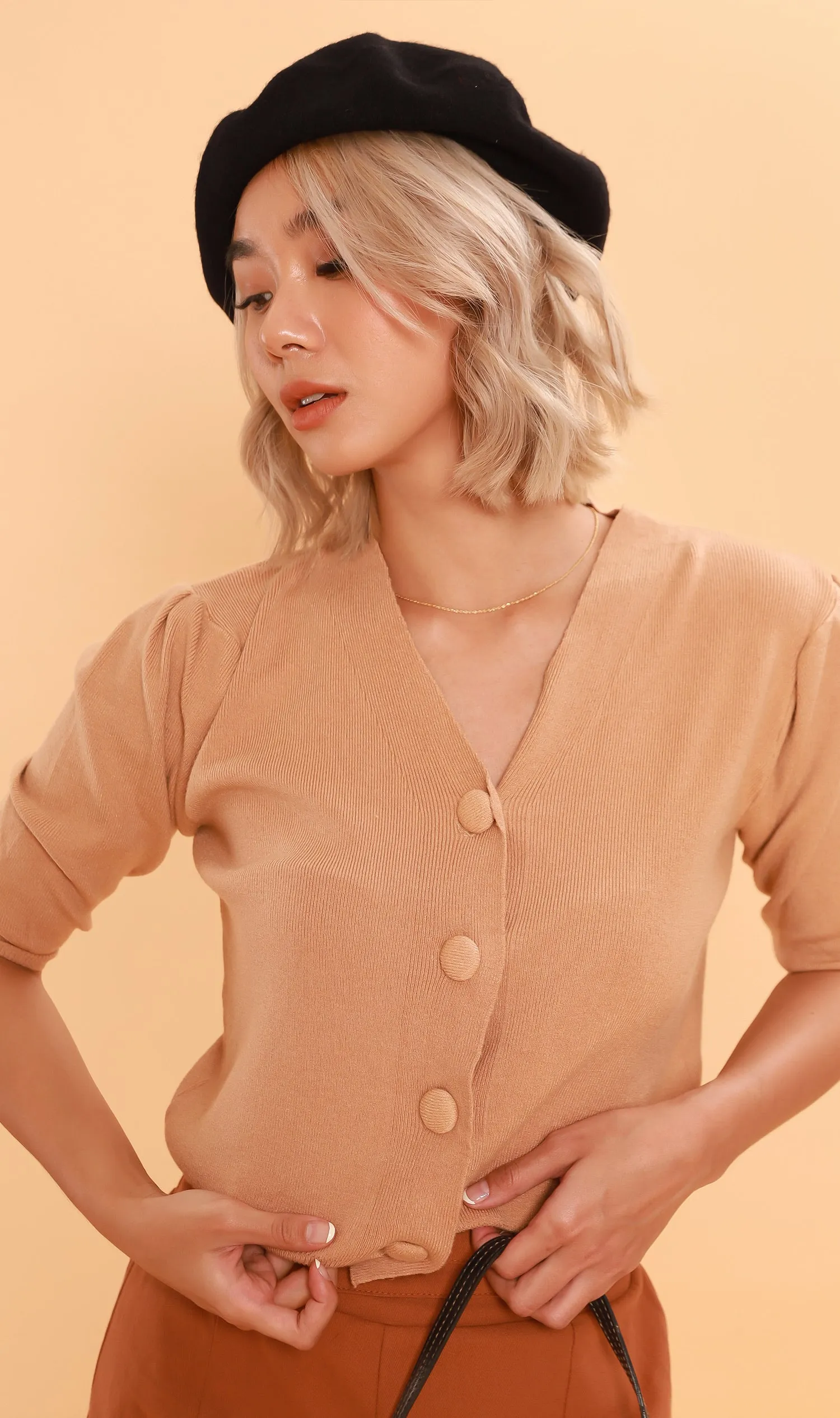 SYLVIE Knit Button-Down Cardi (Nude)