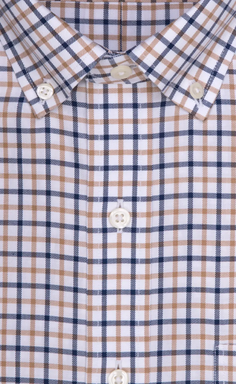 Tailored Fit Tan / Navy Twill Check Supima® Cotton Non-Iron Button-Down Collar Sport Shirt