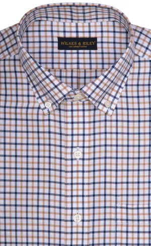 Tailored Fit Tan / Navy Twill Check Supima® Cotton Non-Iron Button-Down Collar Sport Shirt