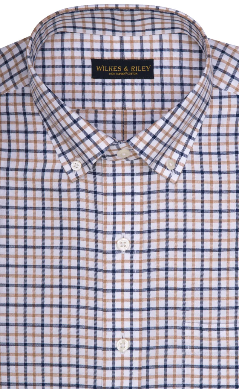 Tailored Fit Tan / Navy Twill Check Supima® Cotton Non-Iron Button-Down Collar Sport Shirt
