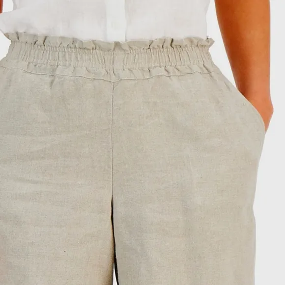 Tan linen elastic waist shorts