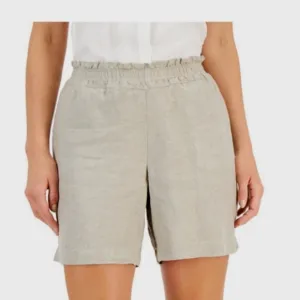 Tan linen elastic waist shorts