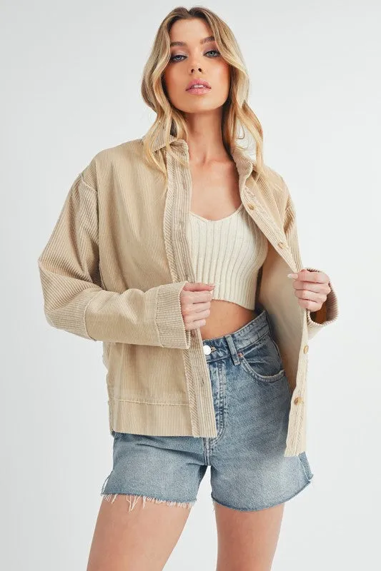 Tan Side Slit Exposed Seam Button Up Corduroy Jacket
