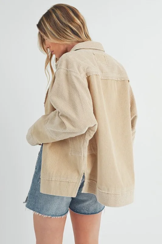 Tan Side Slit Exposed Seam Button Up Corduroy Jacket