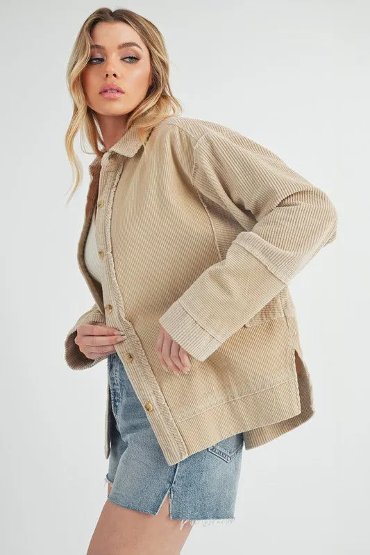 Tan Side Slit Exposed Seam Button Up Corduroy Jacket