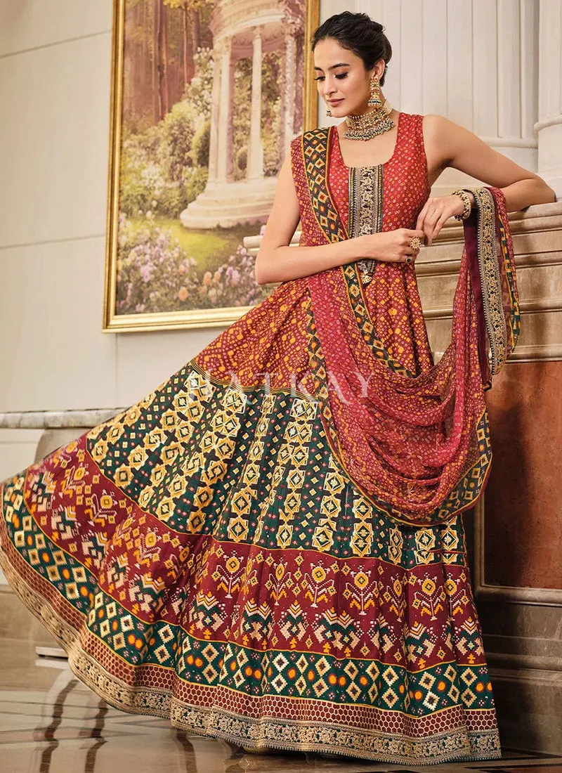 Tangerine Prints And Embroidered Traditional Indian Gown