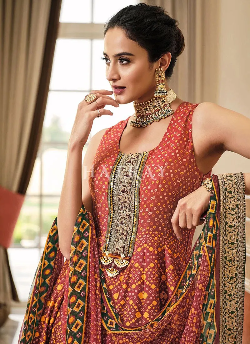 Tangerine Prints And Embroidered Traditional Indian Gown