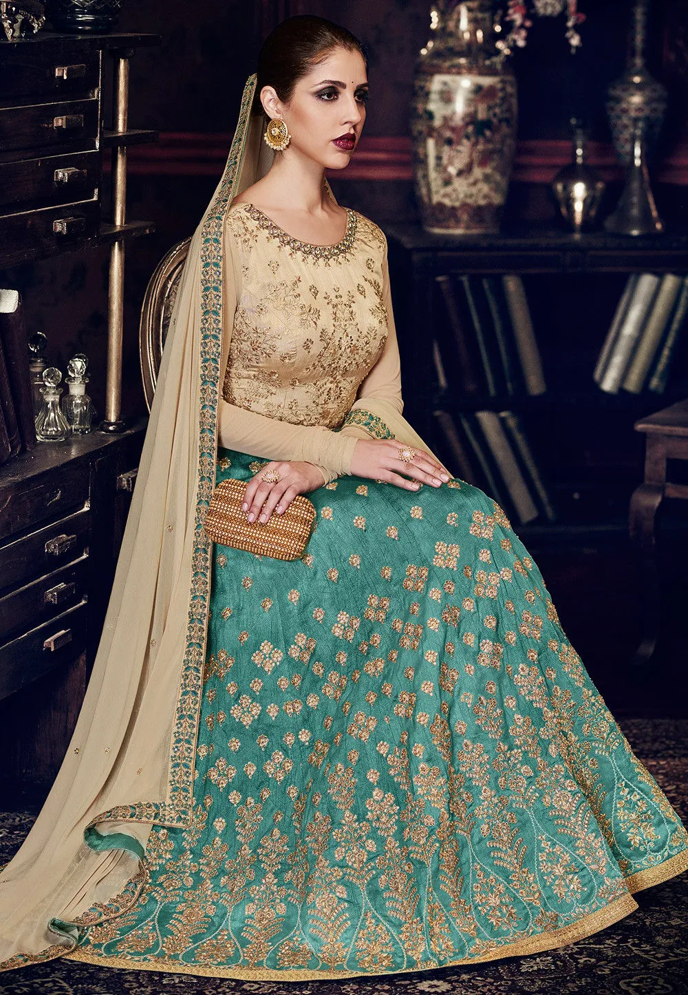 Teal Blue and Beige Embroidered Anarkali Suit