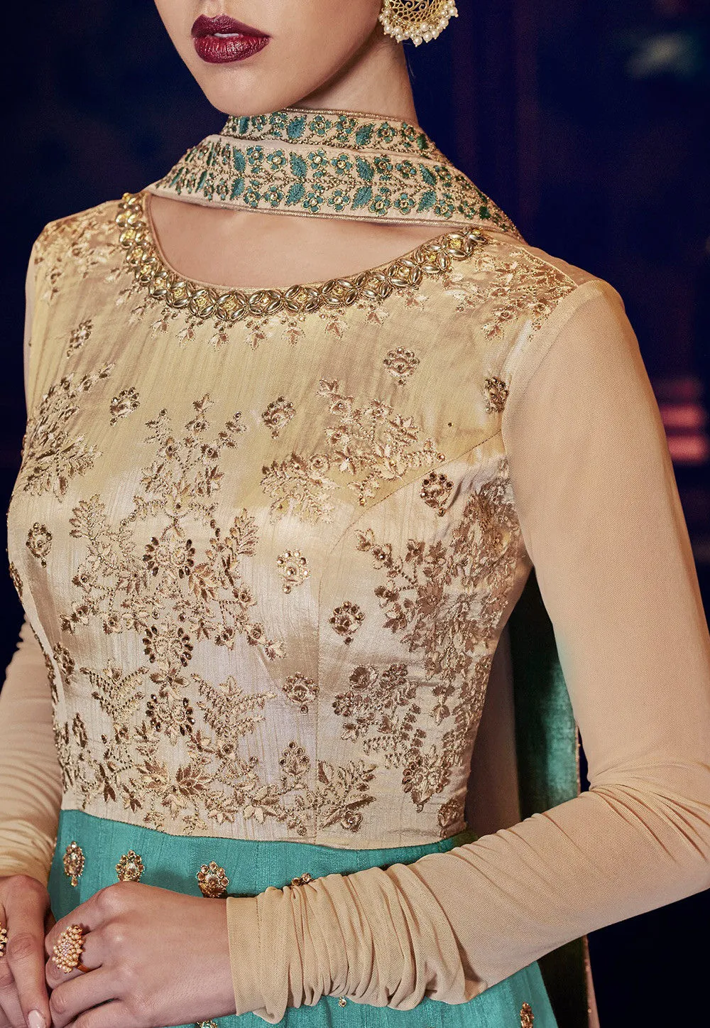 Teal Blue and Beige Embroidered Anarkali Suit