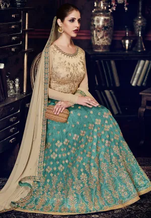 Teal Blue and Beige Embroidered Anarkali Suit