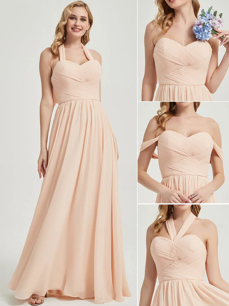 Teal Convertible Off-shoulder Chiffon Bridesmaid Dress Floor Length