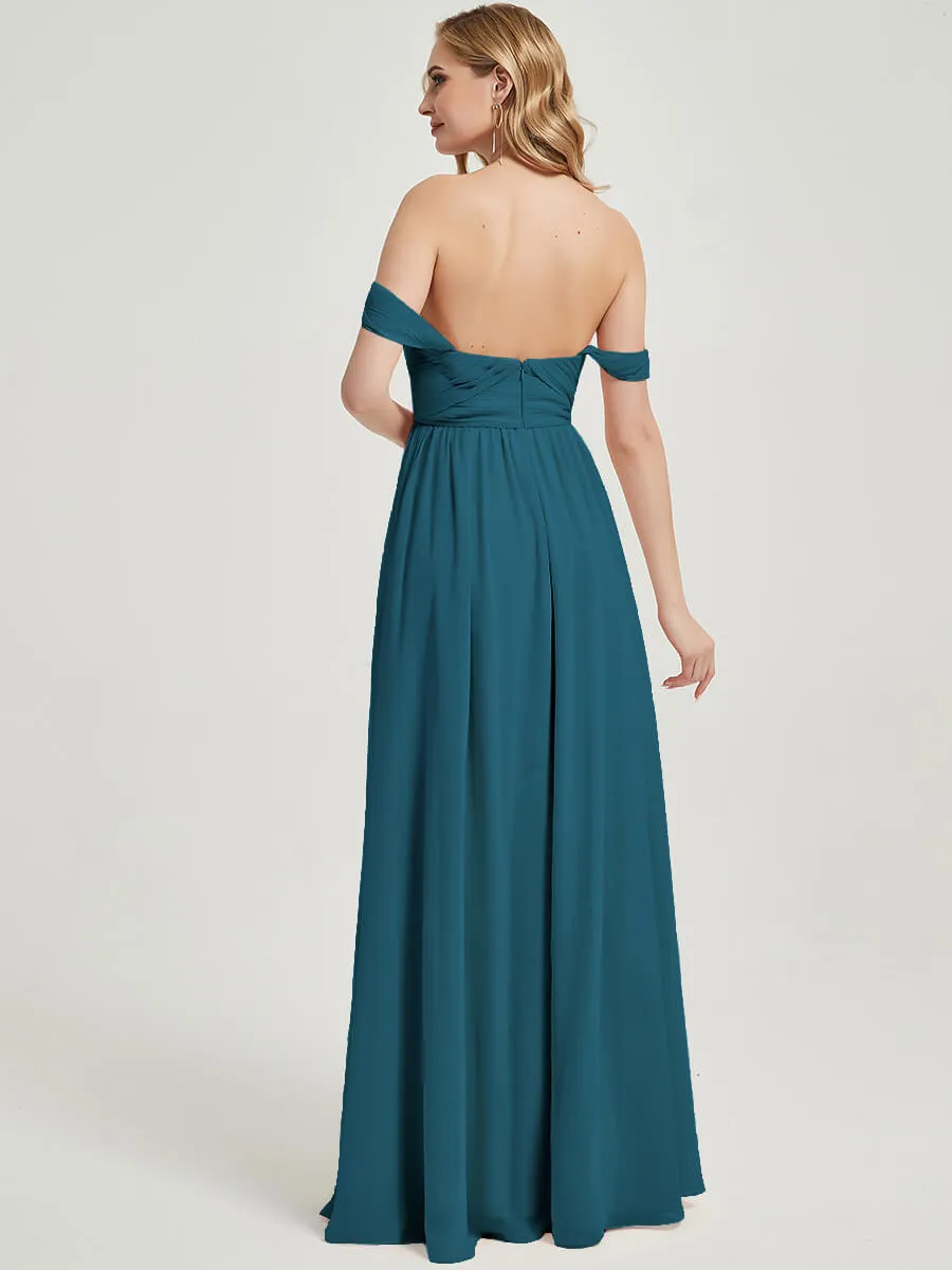 Teal Convertible Off-shoulder Chiffon Bridesmaid Dress Floor Length