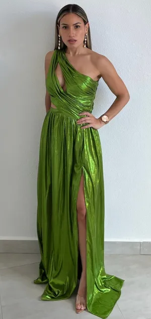 That Golden Girl Green Metallic One-Shoulder Formal Dress