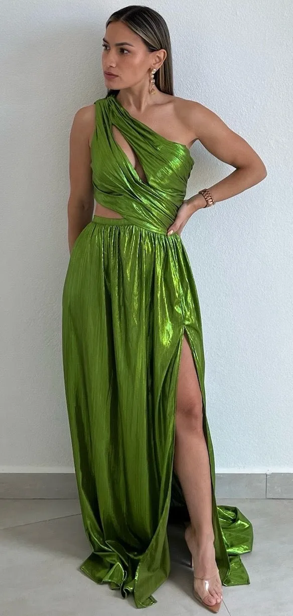 That Golden Girl Green Metallic One-Shoulder Formal Dress
