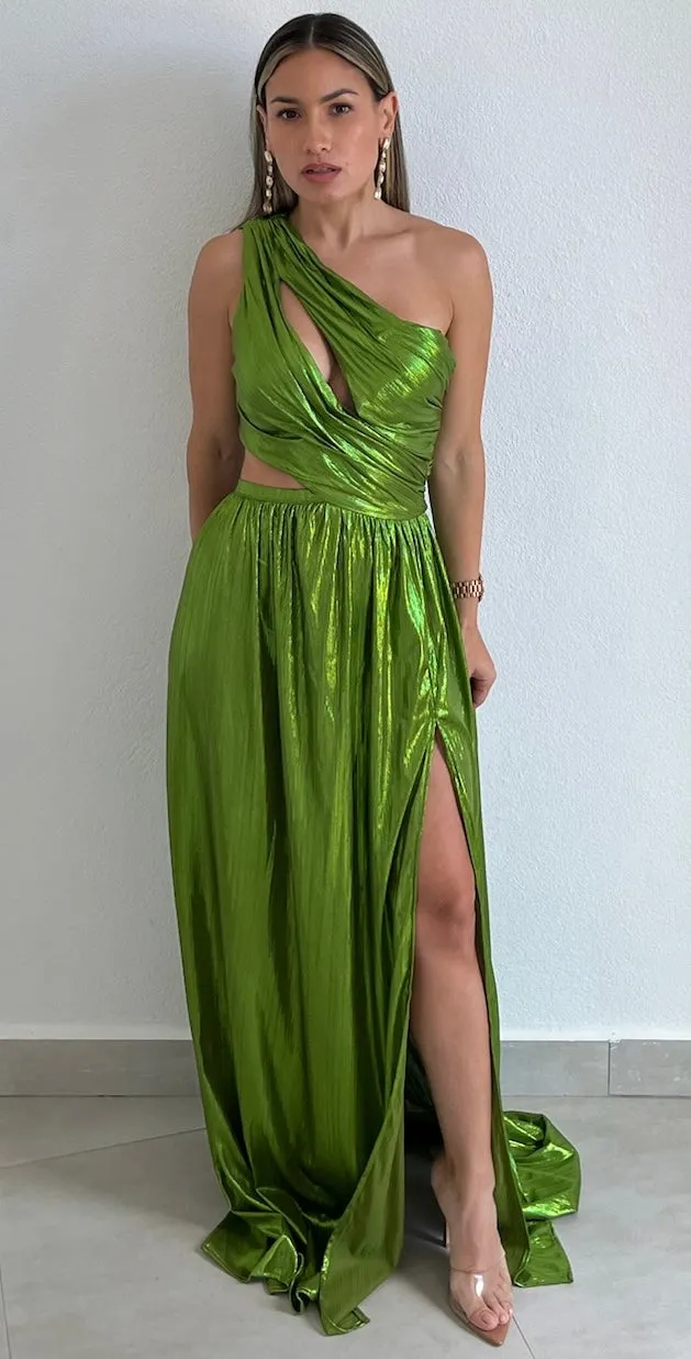 That Golden Girl Green Metallic One-Shoulder Formal Dress