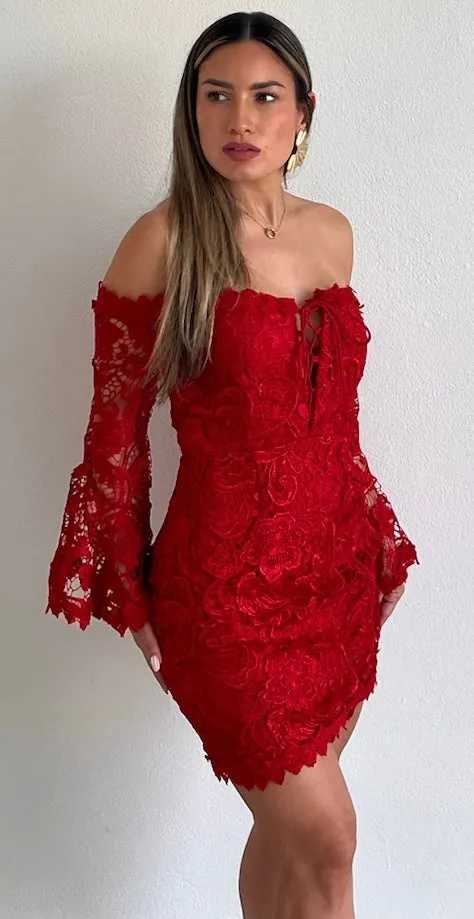 The Moment of Red Off-Shoulder Crochet Dress